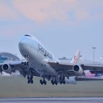 A Boeing 747 plane moments after taking off