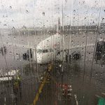 A plane grounded due to very heavy rain