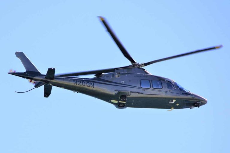 A helicopter flying in blue skies