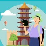 A female tourist holding a camera and smiling