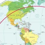 A map showing a flight path that is curved