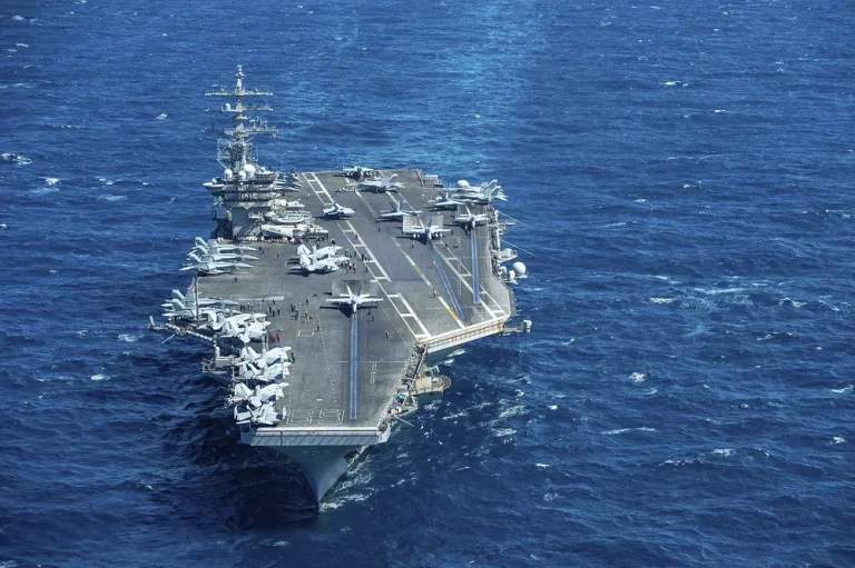An American aircraft carrier sailing in the ocean