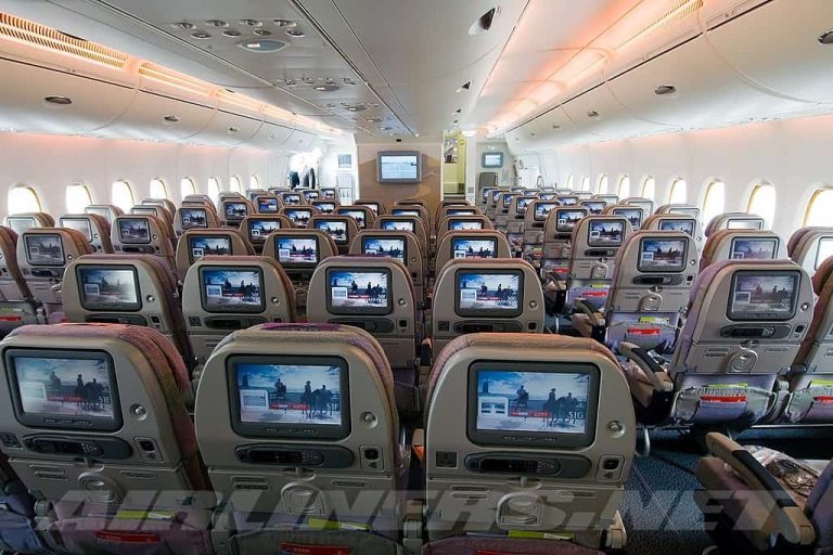 3-4-3 configuration of an Airbus A380 passenger plane