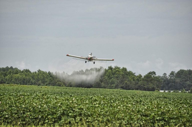 A crop duster flying low over a field spraying pesticide